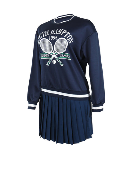 Vintage Tennis Print Sweatshirt Pleated Skirt Set