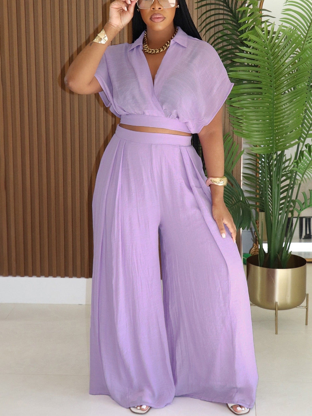 Solid Color Top Wide-Leg Pants Set