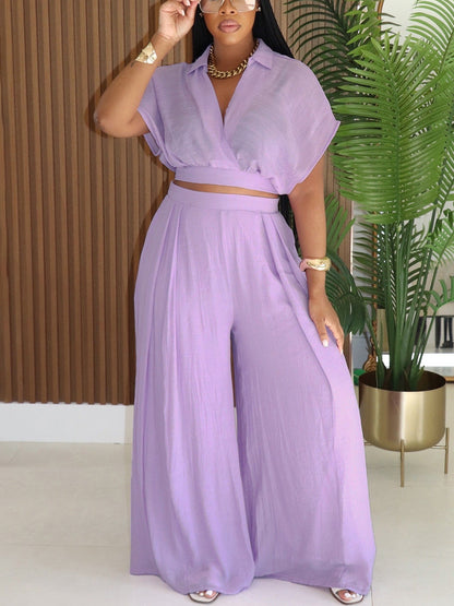 Solid Color Top Wide-Leg Pants Set