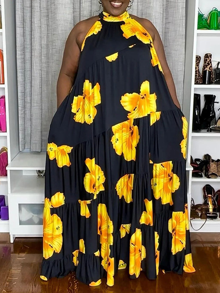 Plus Size Colorblock Print Flowy Maxi Dress