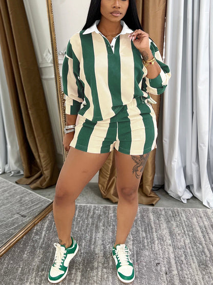 Striped Polo Crop Top Shorts Set