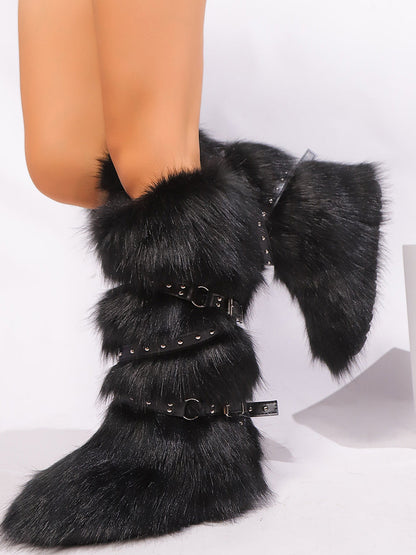 Y2K Faux Fur Cross Strap Buckle Boots