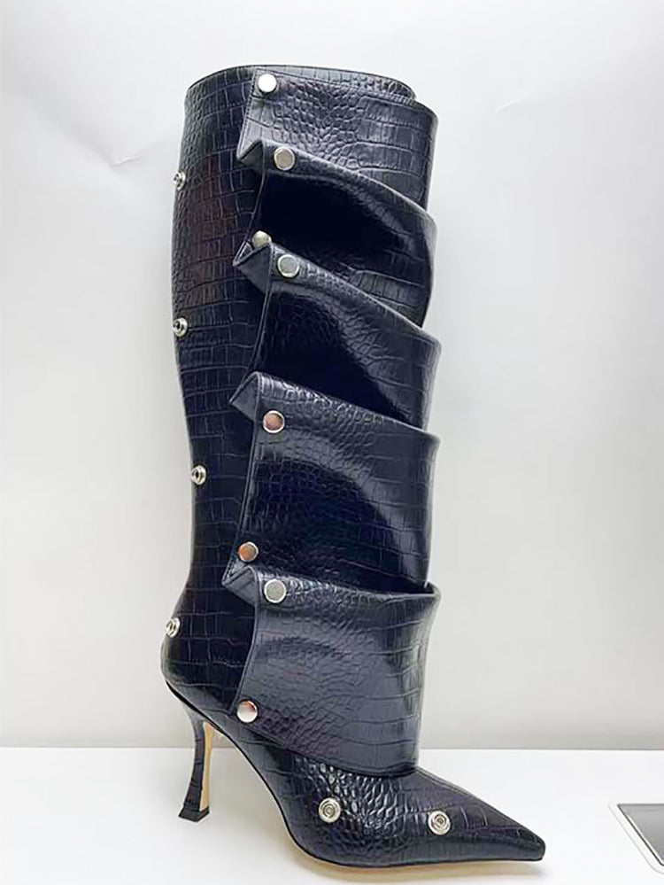 Studded Ruched Stacked Heel Long Boots
