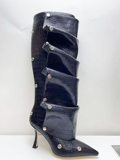 Studded Ruched Stacked Heel Long Boots