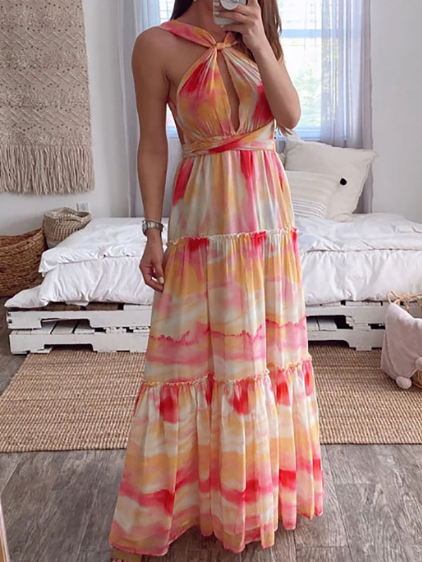 Vestido largo sin espalda con cuello halter y estampado degradado 