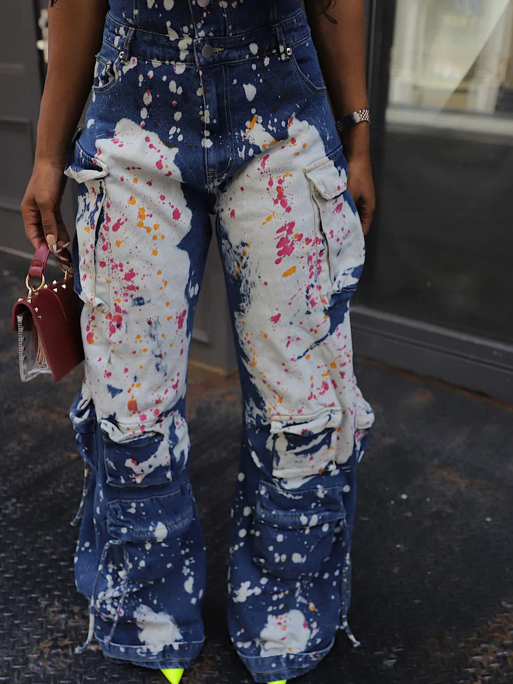 Strapless Color Paint Cargo Denim Jumpsuit