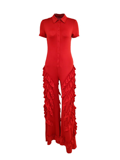 Two Pieces Short Sleeve Ruffle Trim Jumpsuit