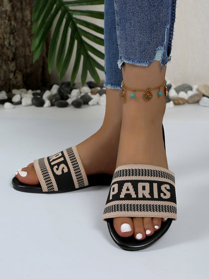 Paris Letter Knit Band Slide Sandals