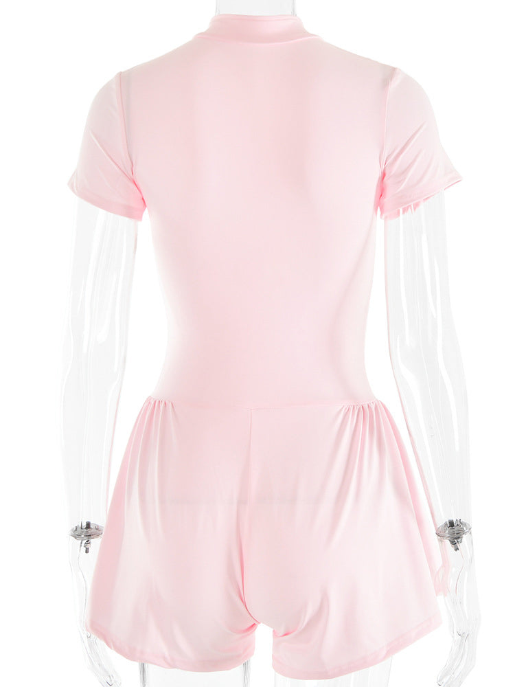 Short Sleeve Zip Front Rompers