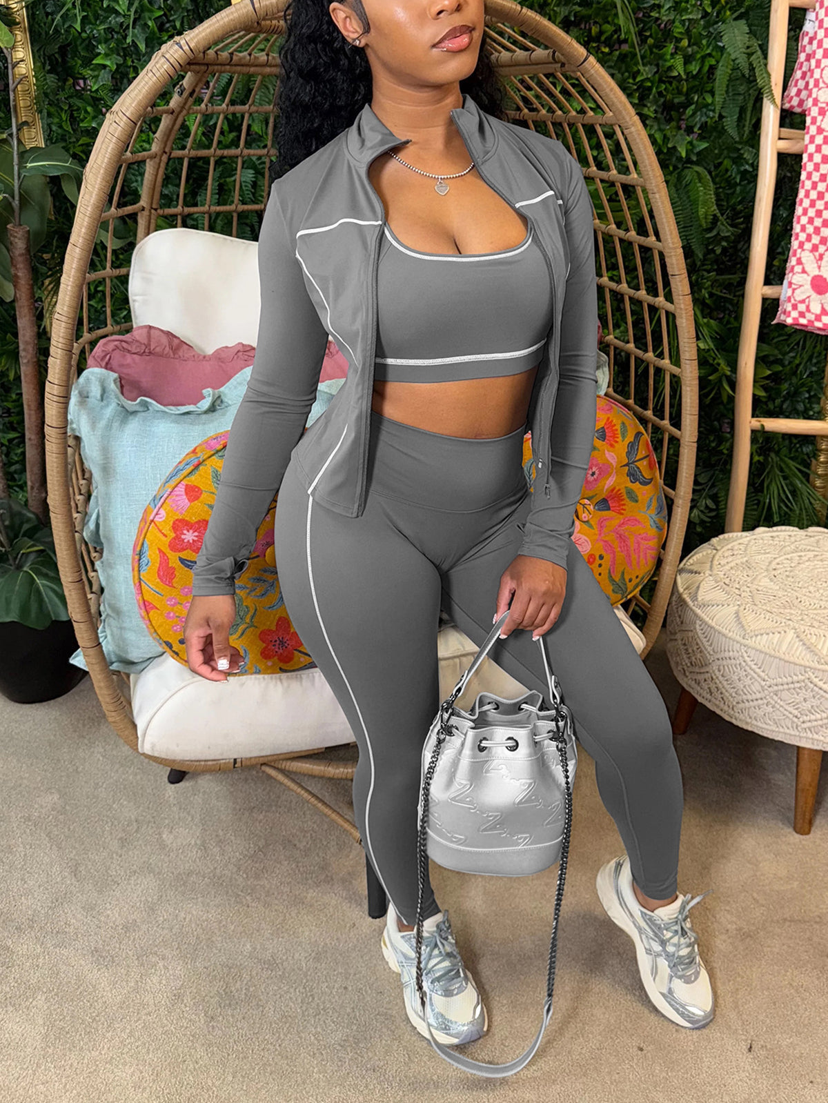 Three Pieces Crop Tank Jacket Leggings Sets