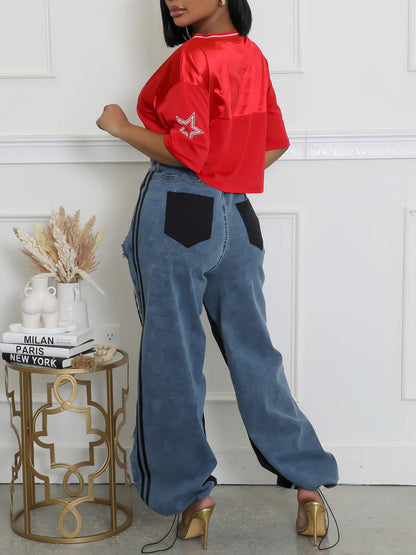 Stripe Patchwork Drawstring Denim Pants