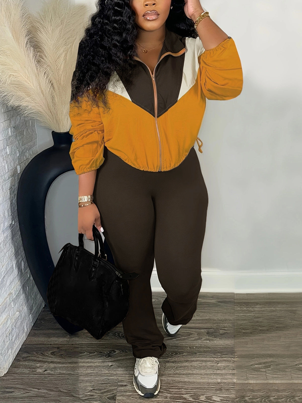 Color Block Zipper Jacket and Pants Set