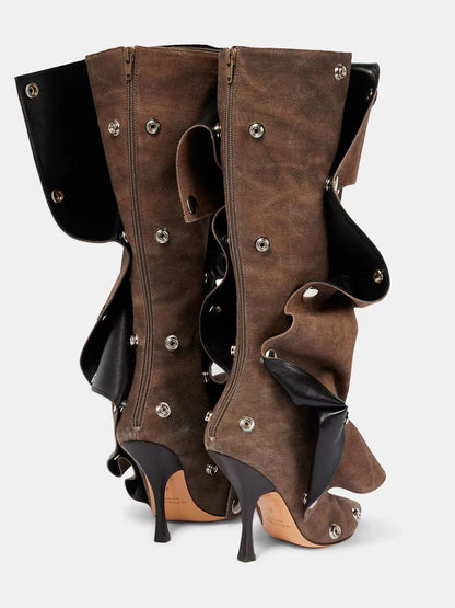Studded Ruched Stacked Heel Long Boots