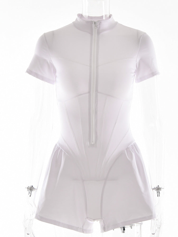 Short Sleeve Zip Front Rompers