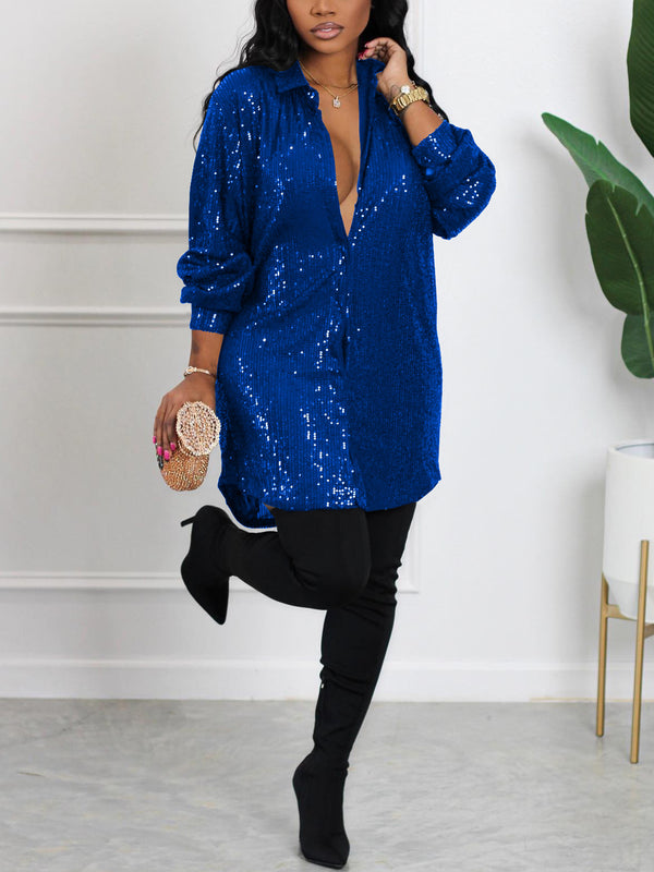 Sequins Long Sleeve Shirts Mini Dress