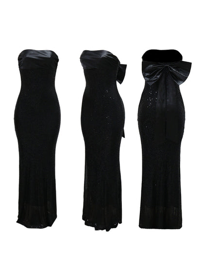 Strapless Bow Tie Back Sequin Maxi Dress