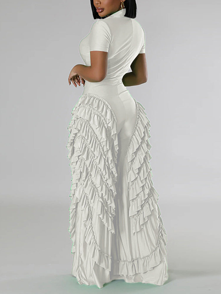 Two Pieces Short Sleeve Ruffle Trim Jumpsuit