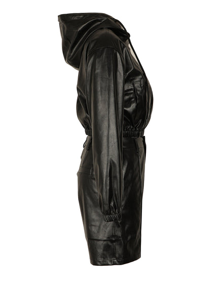 Hooded PU Leather Jacket Shorts Set