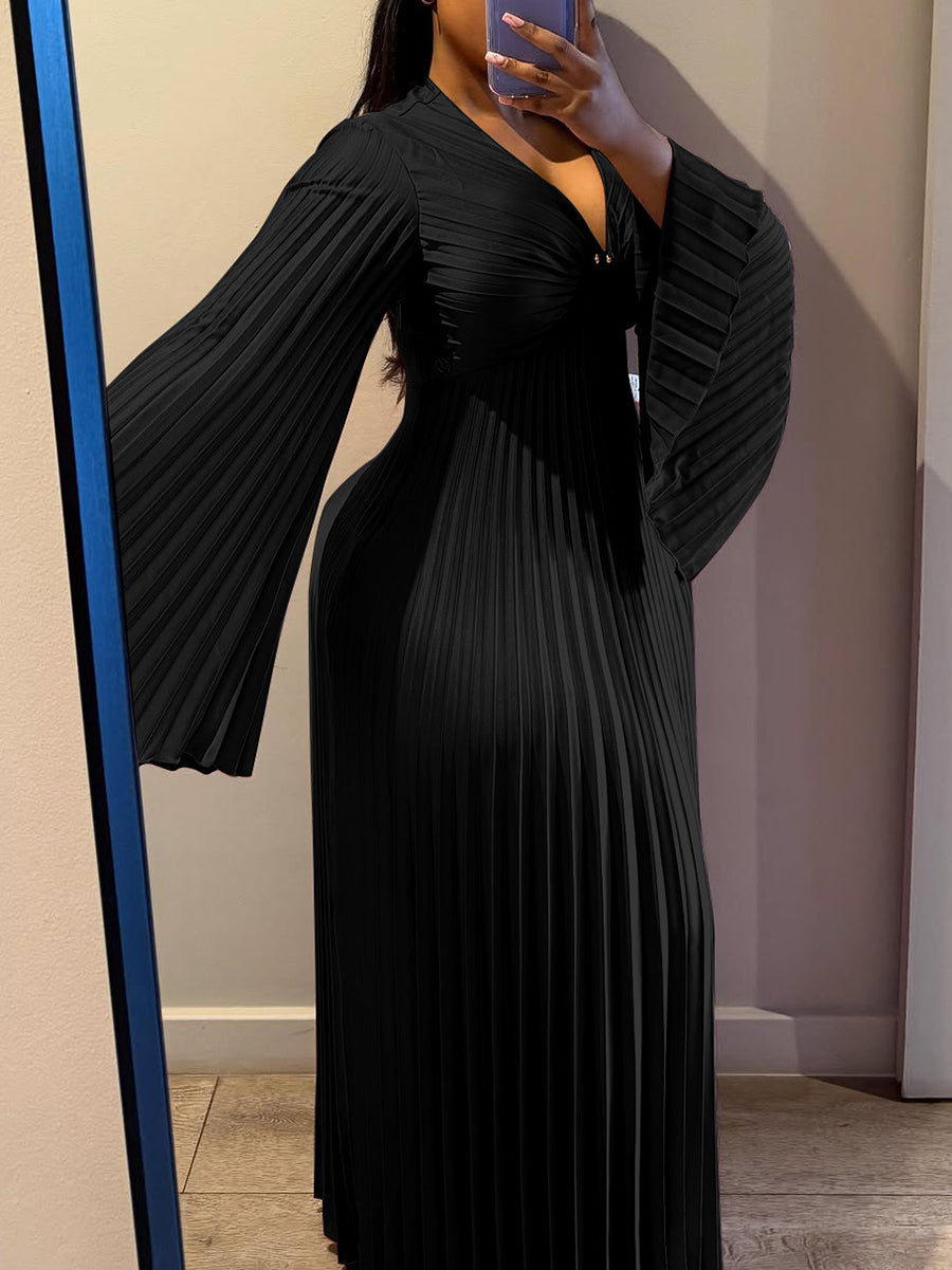 Chiffon V-Neck Pleated Maxi Dress