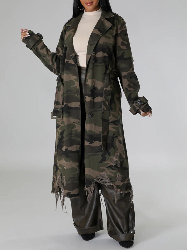 Distressed Camouflage Long Trench Coat