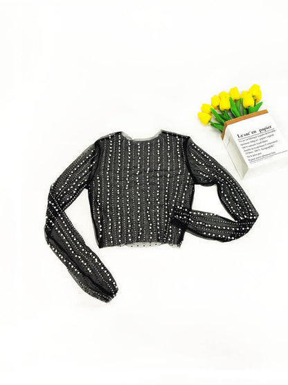 Long Sleeve Mesh Rhinestone Crop Top