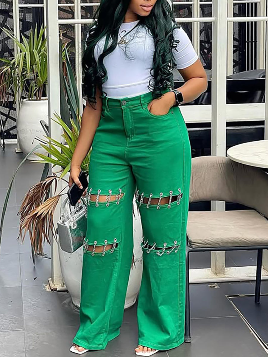 High Waist Distressed Chain Denim Pants