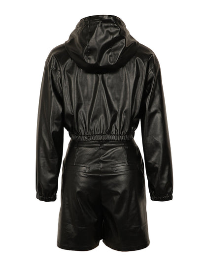 Hooded PU Leather Jacket Shorts Set