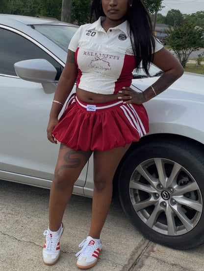 Lace Trim Letter Print Top Pleated Skirt Set