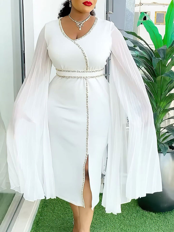 Plus Size Pleated Long Sleeve Beaded Bodycon Dress