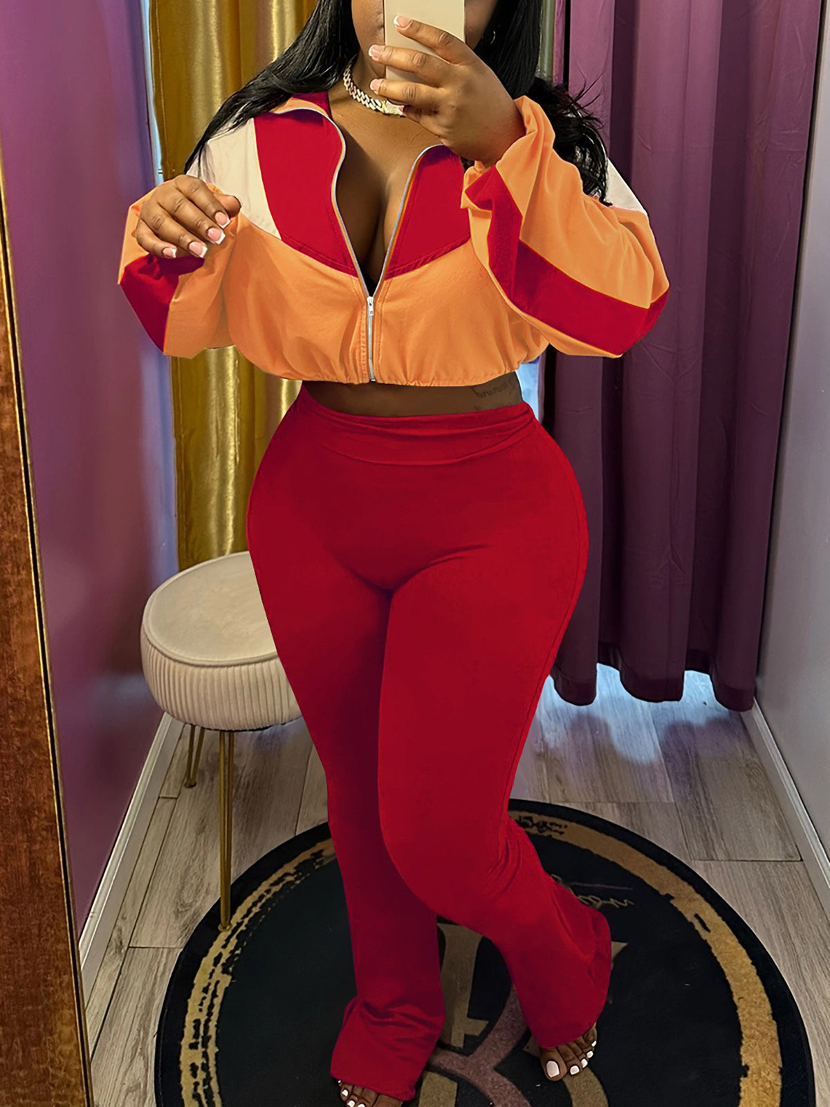 Color Block Zipper Jacket and Pants Set