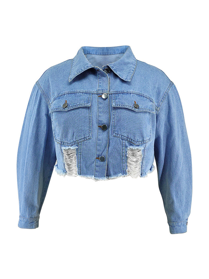 Plus Size Ripped Cropped Denim Jacket