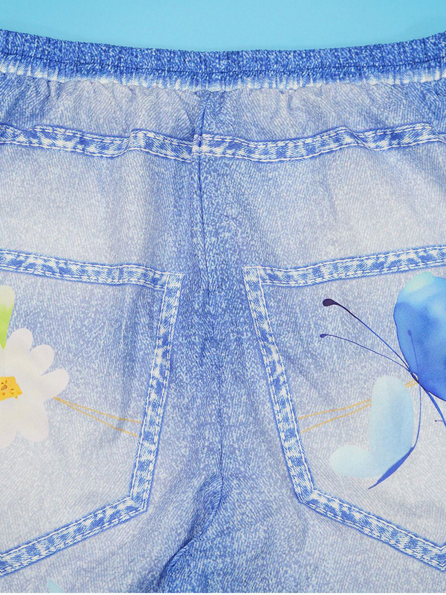 Floral Butterfly Print Wide Leg Jeans