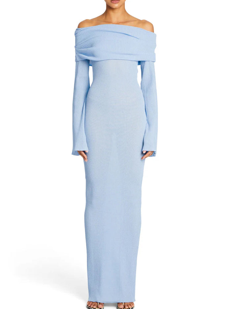 Off Shoulder Ribbed Knit Maxi Dress