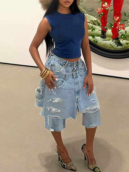 Asymmetrical Distressed Denim Capri Pants