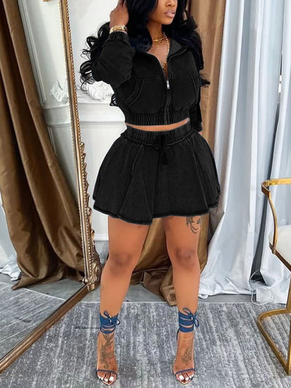 Two Piece Denim Zip Up Jacket Skirt Sets