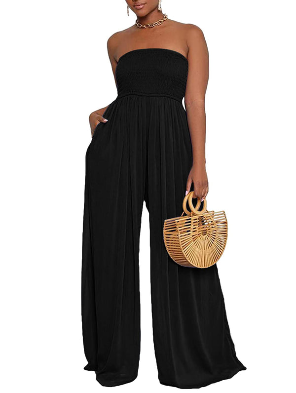 Solid Color Strapless Tube Wide Leg Jumpsuit