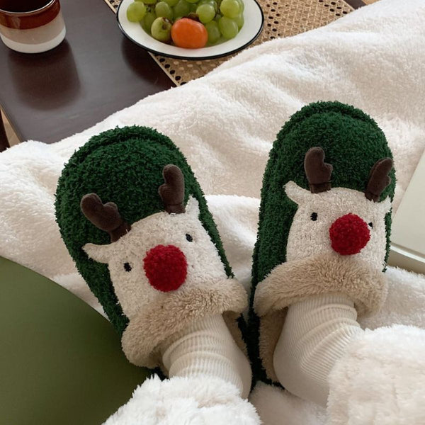 Cartoon Christmas Elk Plush Slipper