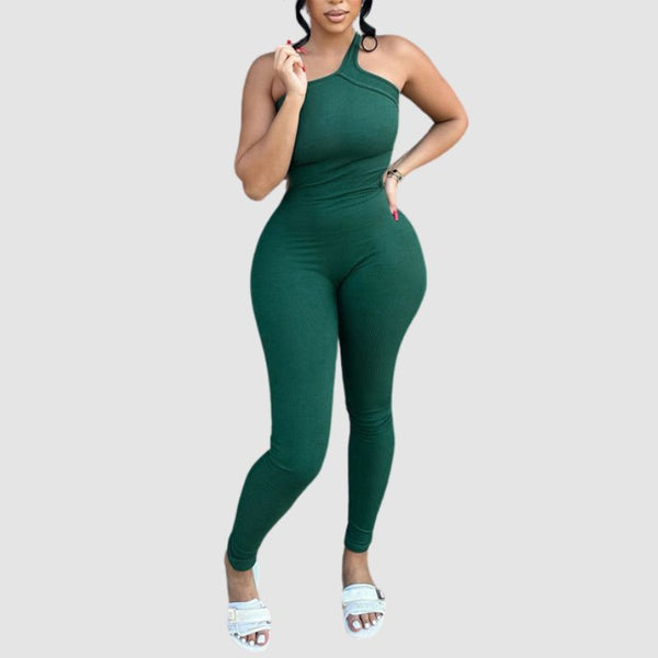 Solid Color Bodycon One Shoulder Jumpsuit