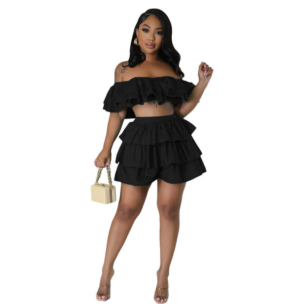 Two Piece Ruffle Crop Top Short Skirt Set