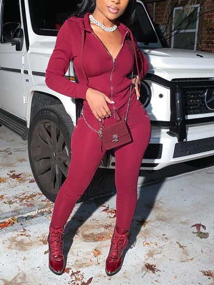 Two Piece Solid Color Hoodie Zip-Up Tracksuit