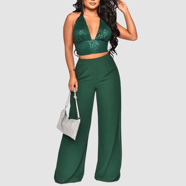 Sequined Halter Vest High Waisted Straight Pants Set