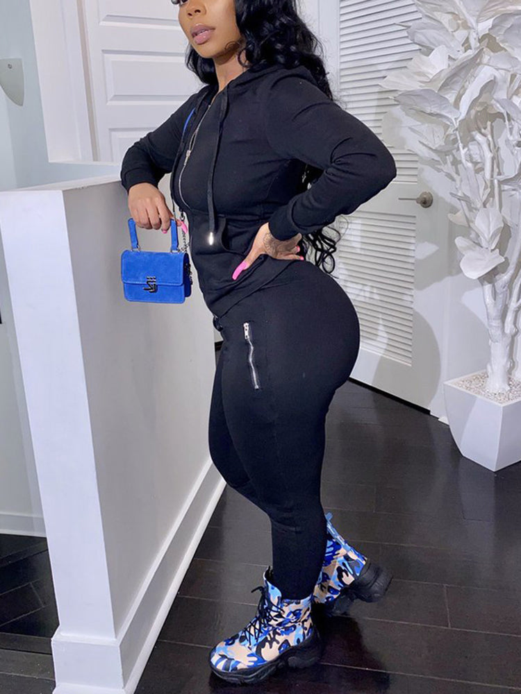 Two Piece Solid Color Hoodie Zip-Up Tracksuit