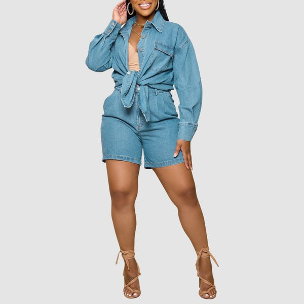 Casual Denim Jacket Shorts Set