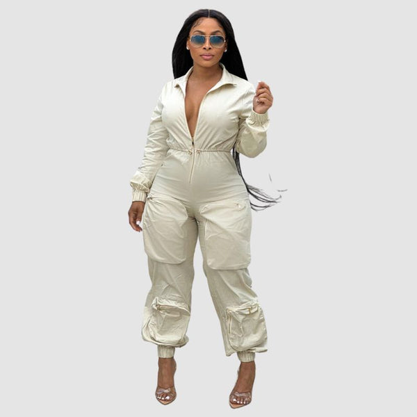 Lapel Patch Pocket Cargo Jumpsuit