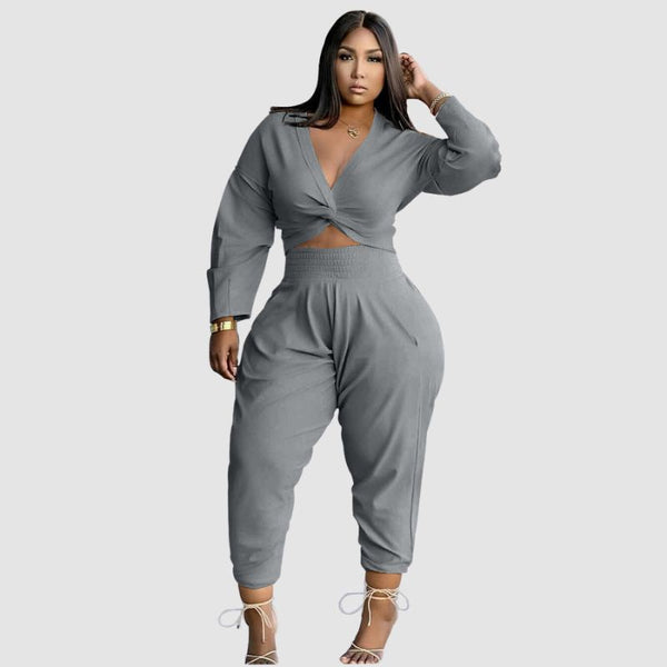 Twisted V-neck Crop Top High Waist Pant Set