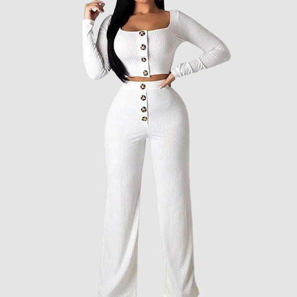 Buttoned Square Collar Top Wide Leg Pant Set