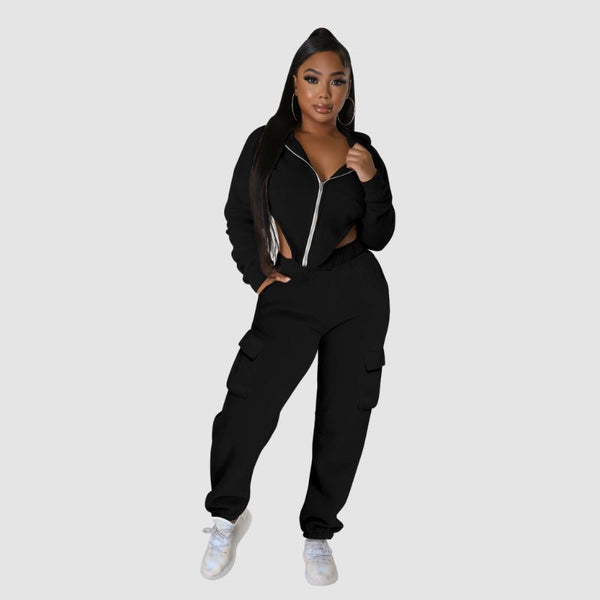 Irregular Zipper Top Cargo Pant Set