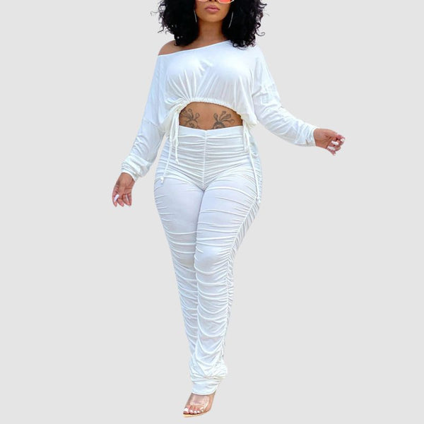 Drawstring Crop Top Pleated Pant Set