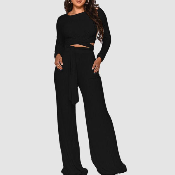 Ribbed Knit Tie-up Top Wide Leg Pant Set