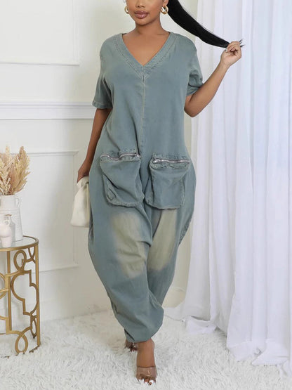 Pockets Bagged Denim Jumpsuit